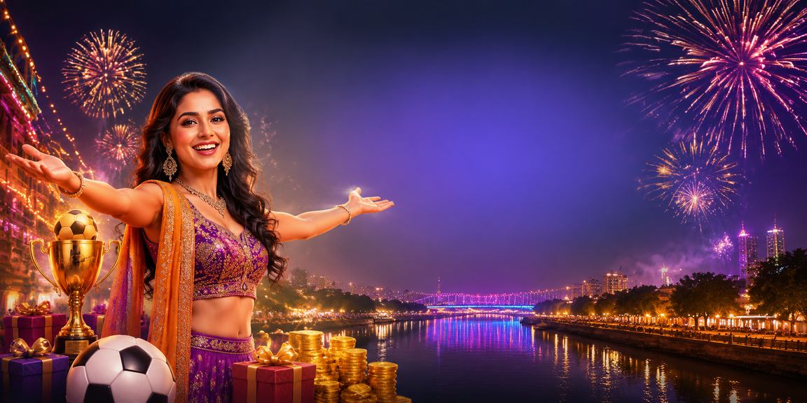 Ahmedabad riverfront with Bollywood theme, football betting ambiance